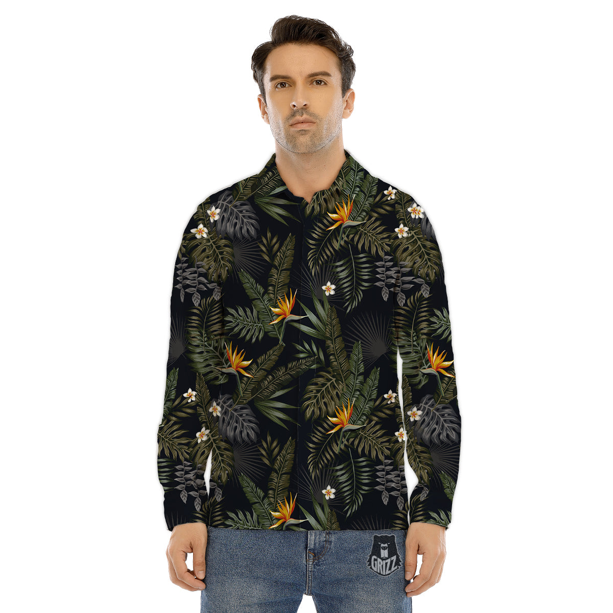 Flower And Rooster Print Pattern Men's Dress Shirts-grizzshop