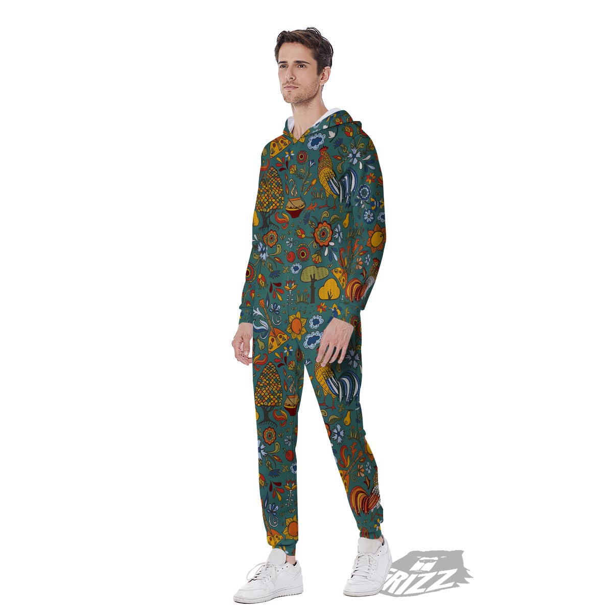 Flower And Rooster Print Pattern Men's Jumpsuit-grizzshop