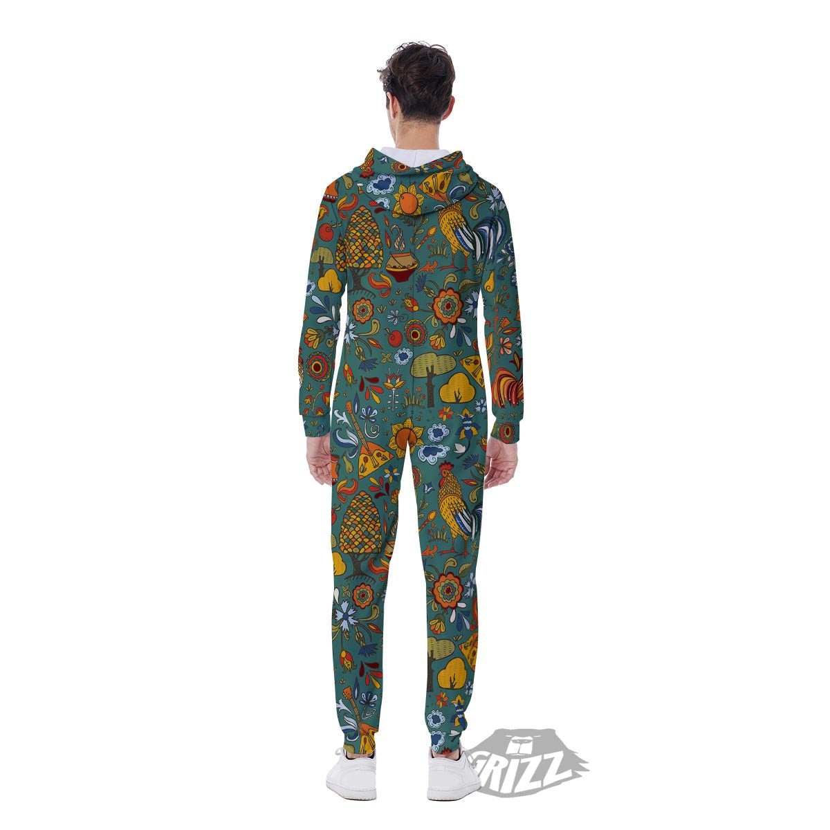 Flower And Rooster Print Pattern Men's Jumpsuit-grizzshop