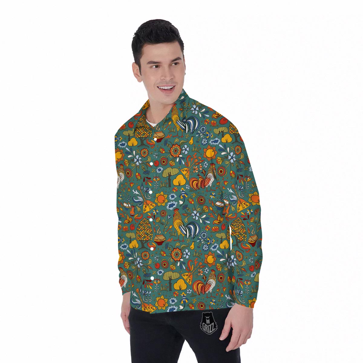 Flower And Rooster Print Pattern Men's Long Sleeve Shirts-grizzshop