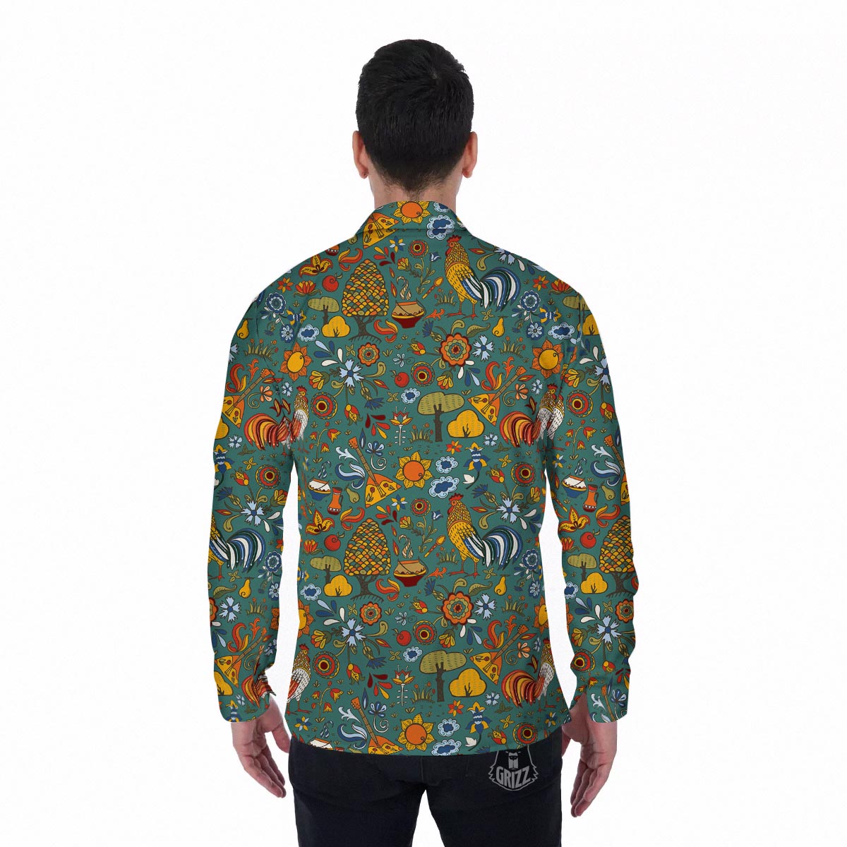 Flower And Rooster Print Pattern Men's Long Sleeve Shirts-grizzshop