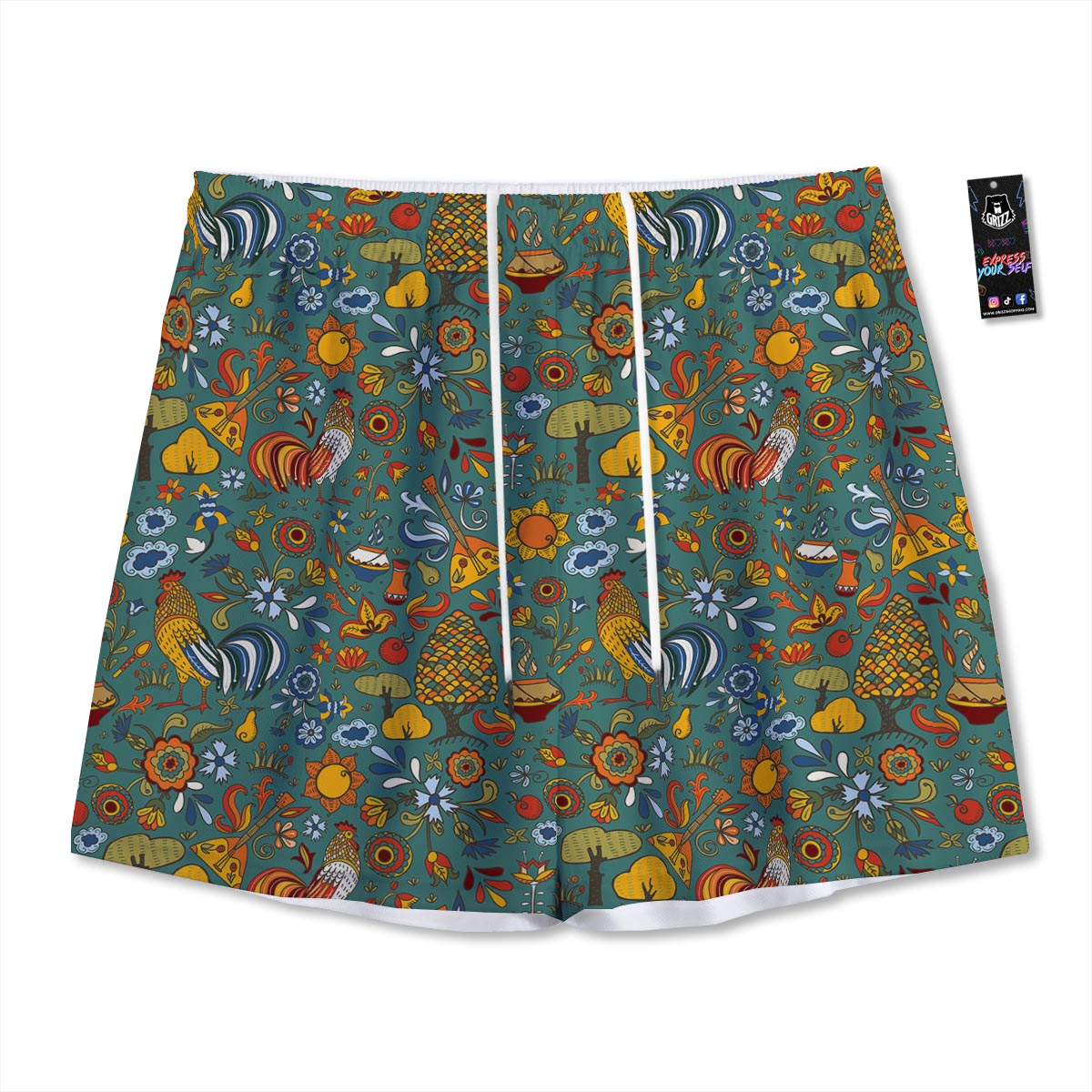 Flower And Rooster Print Pattern Mesh Shorts
