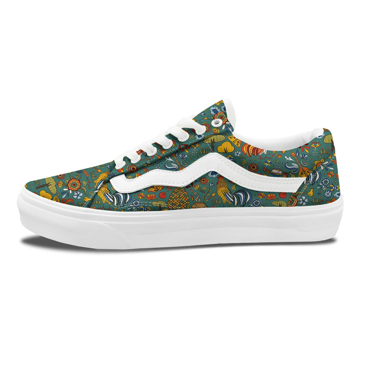 Flower And Rooster Print Pattern Skate Shoes-grizzshop