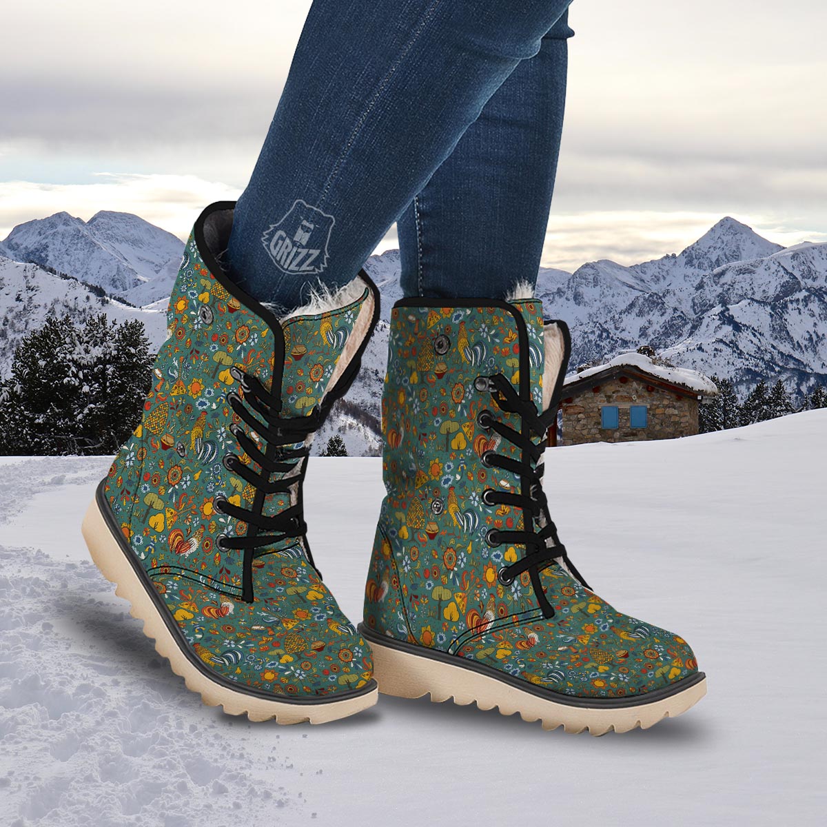Flower And Rooster Print Pattern Snow Boots-grizzshop
