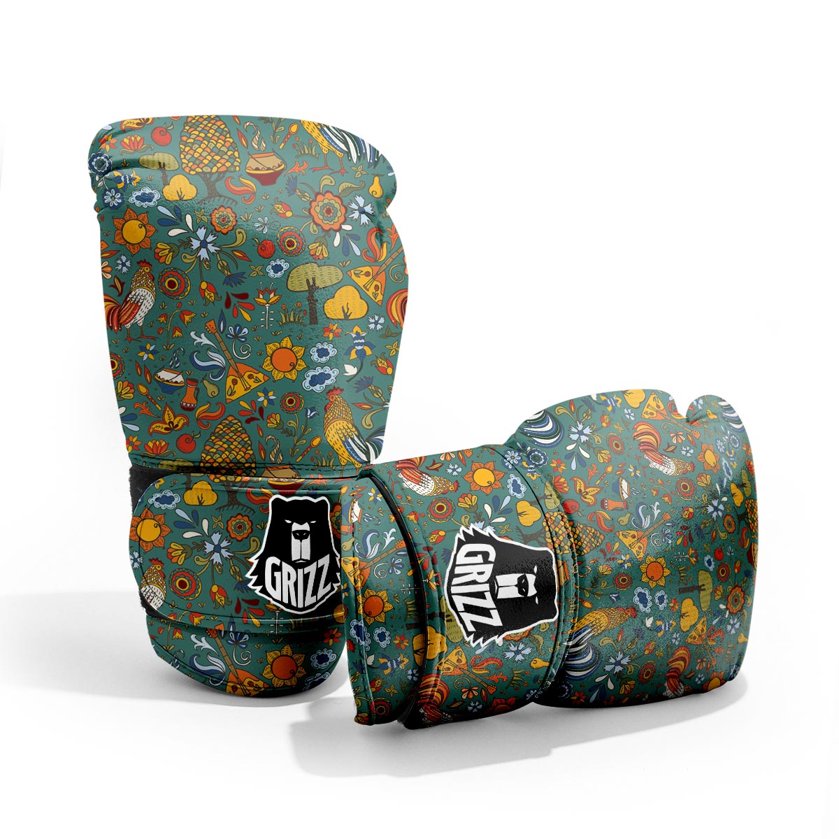Flower And Rooster Print Pattern Pro Boxing Glove