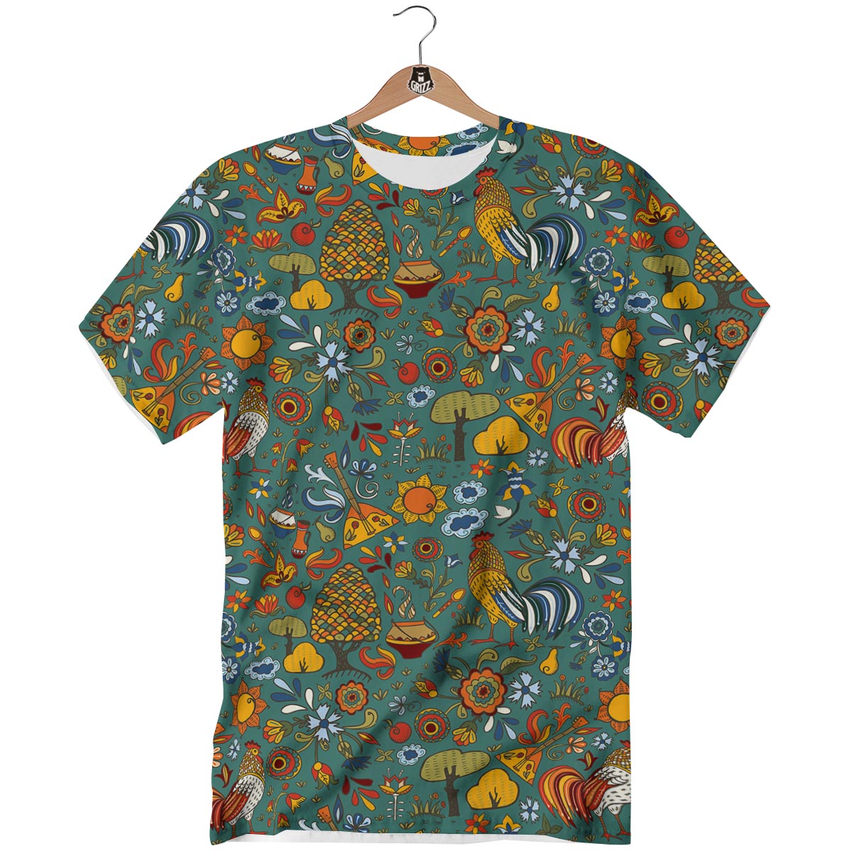 Flower And Rooster Print Pattern T-Shirt-grizzshop