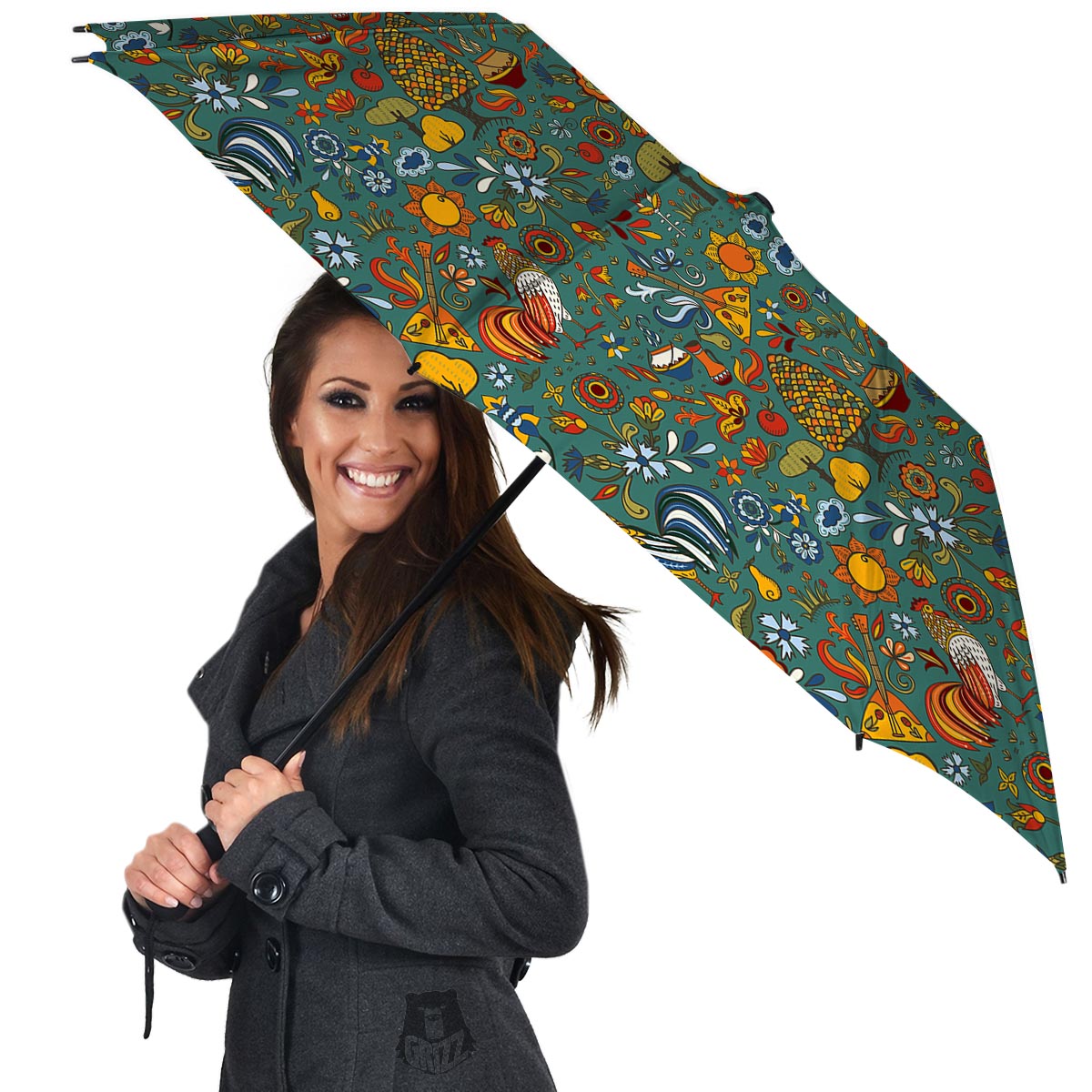 Flower And Rooster Print Pattern Umbrella-grizzshop