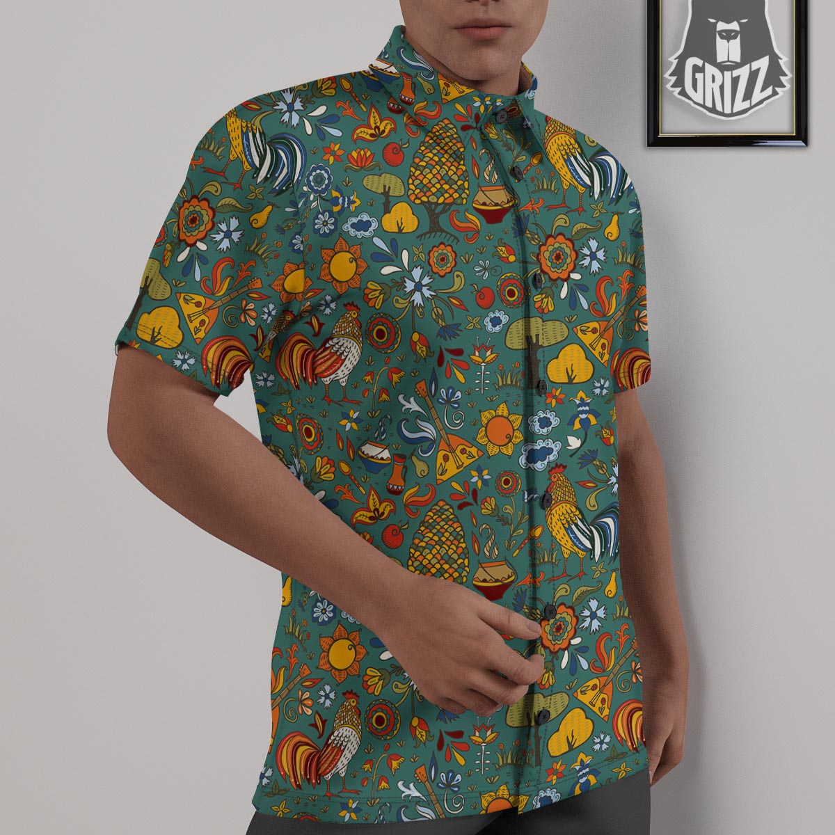 Flower And Rooster Print Pattern Untucked Shirts-grizzshop