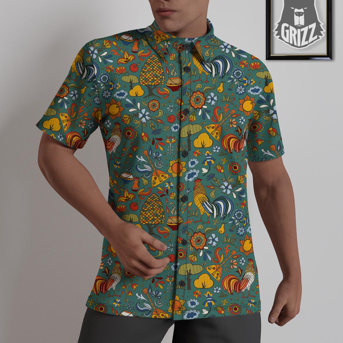 Flower And Rooster Print Pattern Untucked Shirts-grizzshop