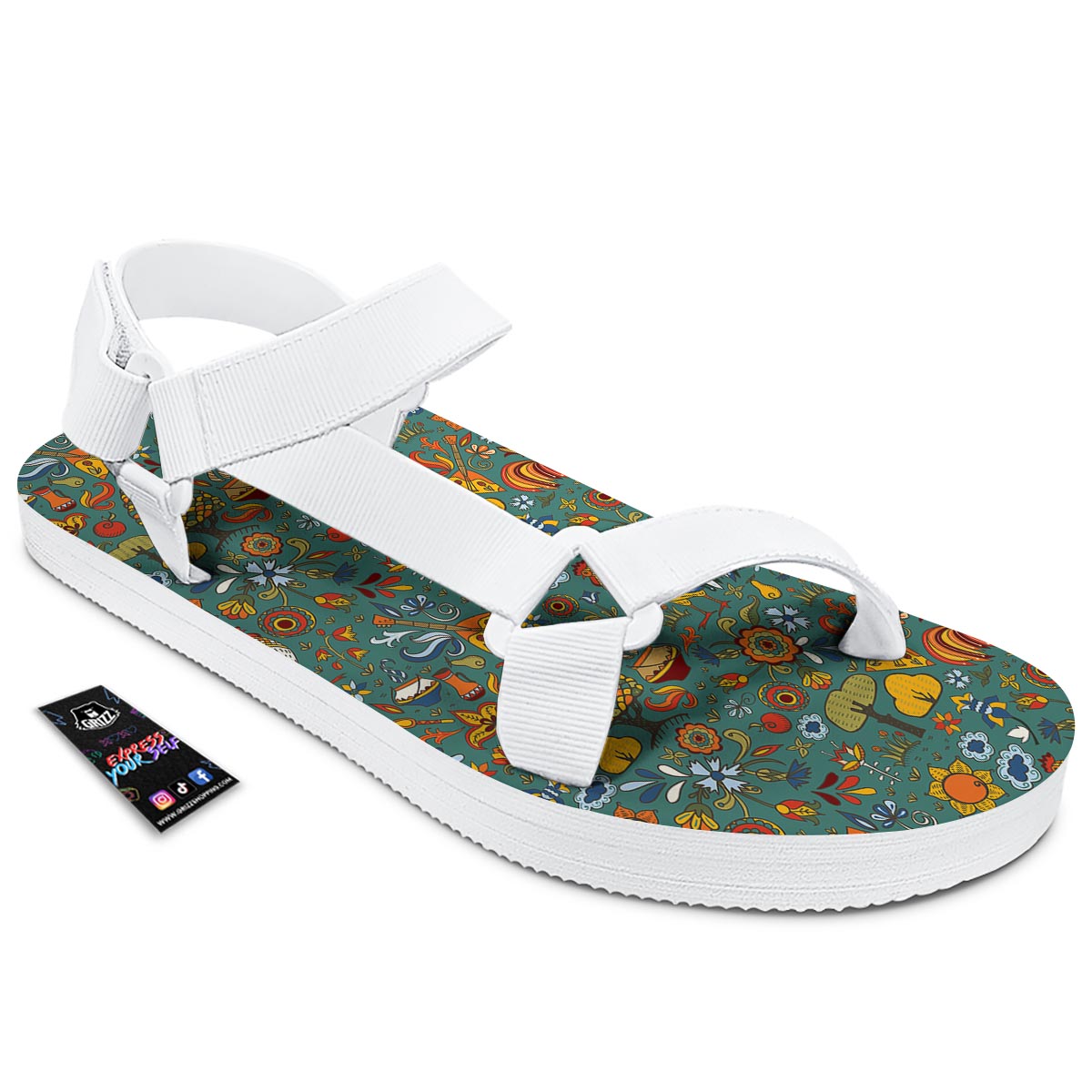 Flower And Rooster Print Pattern White Open Toe Sandals-grizzshop
