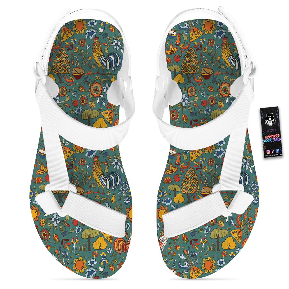Flower And Rooster Print Pattern White Open Toe Sandals-grizzshop
