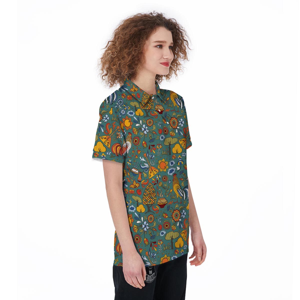 Flower And Rooster Print Pattern Women's Golf Shirts-grizzshop