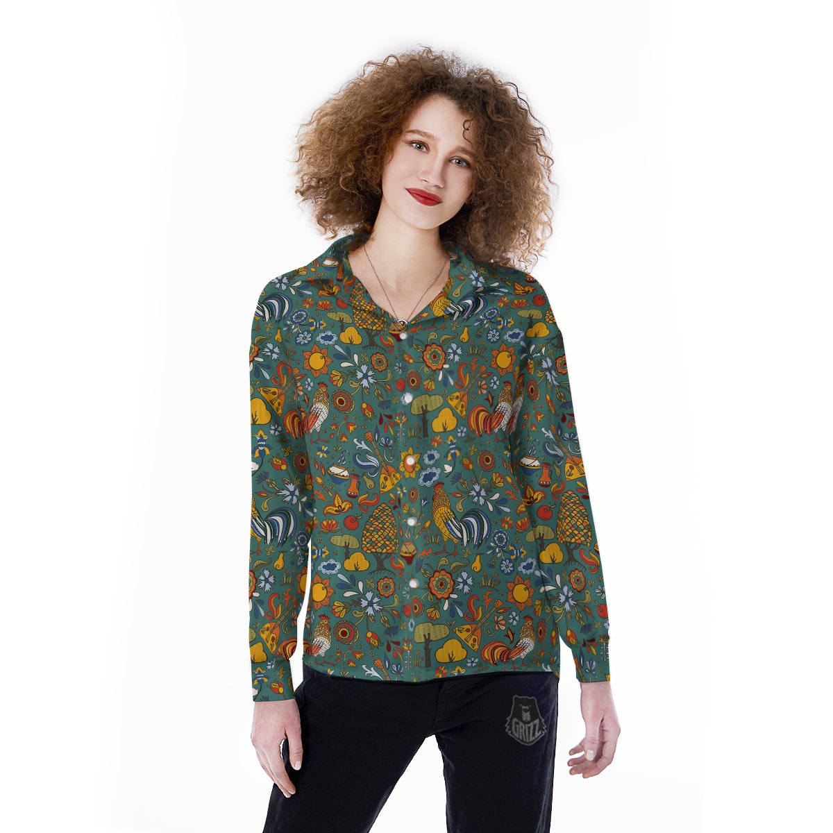 Flower And Rooster Print Pattern Women's Long Sleeve Shirts-grizzshop