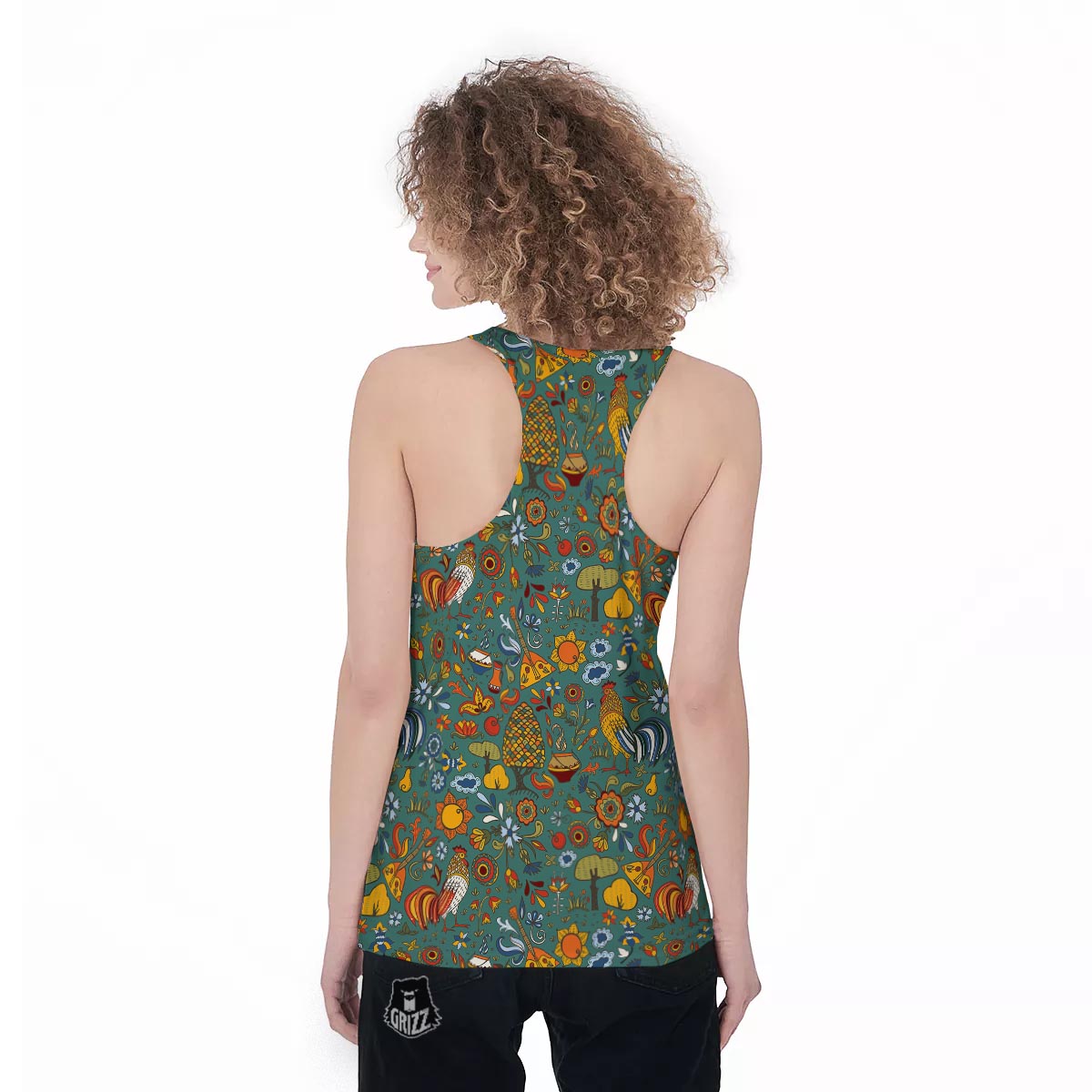 Flower And Rooster Print Pattern Women's Racerback Tank Top-grizzshop