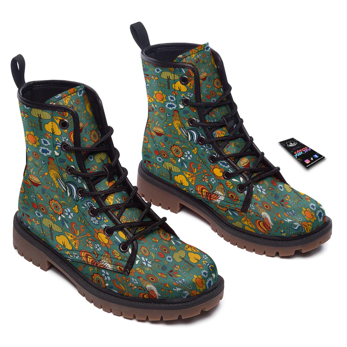 Flower And Rooster Print Pattern Work Boots-grizzshop