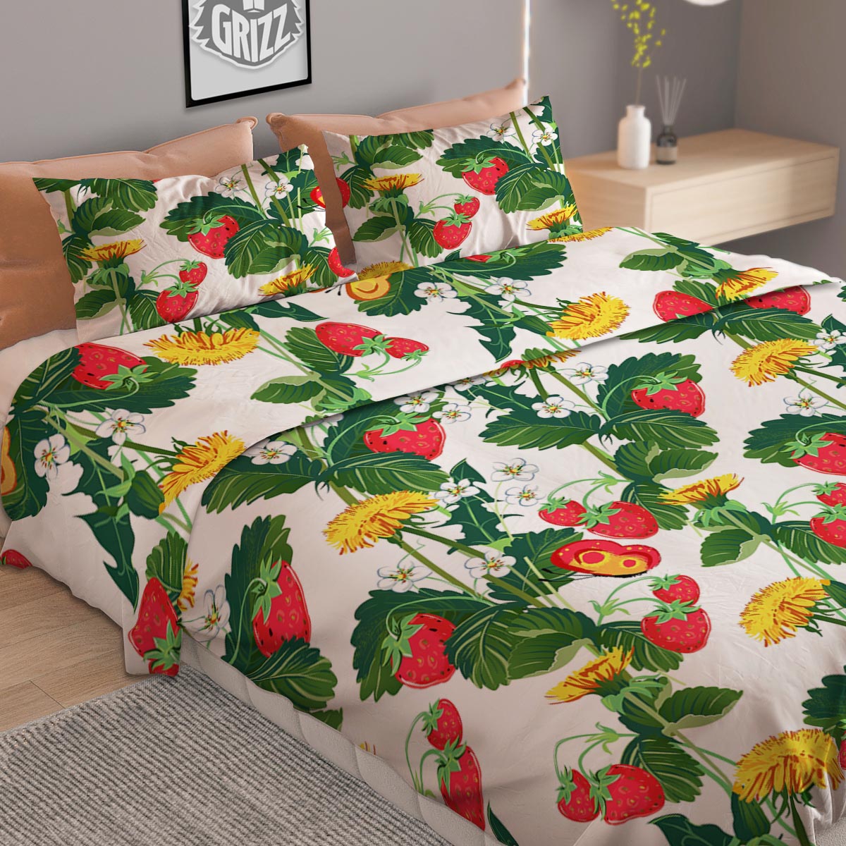 Flower And Strawberry Print Pattern Duvet Cover Bedding Set-grizzshop