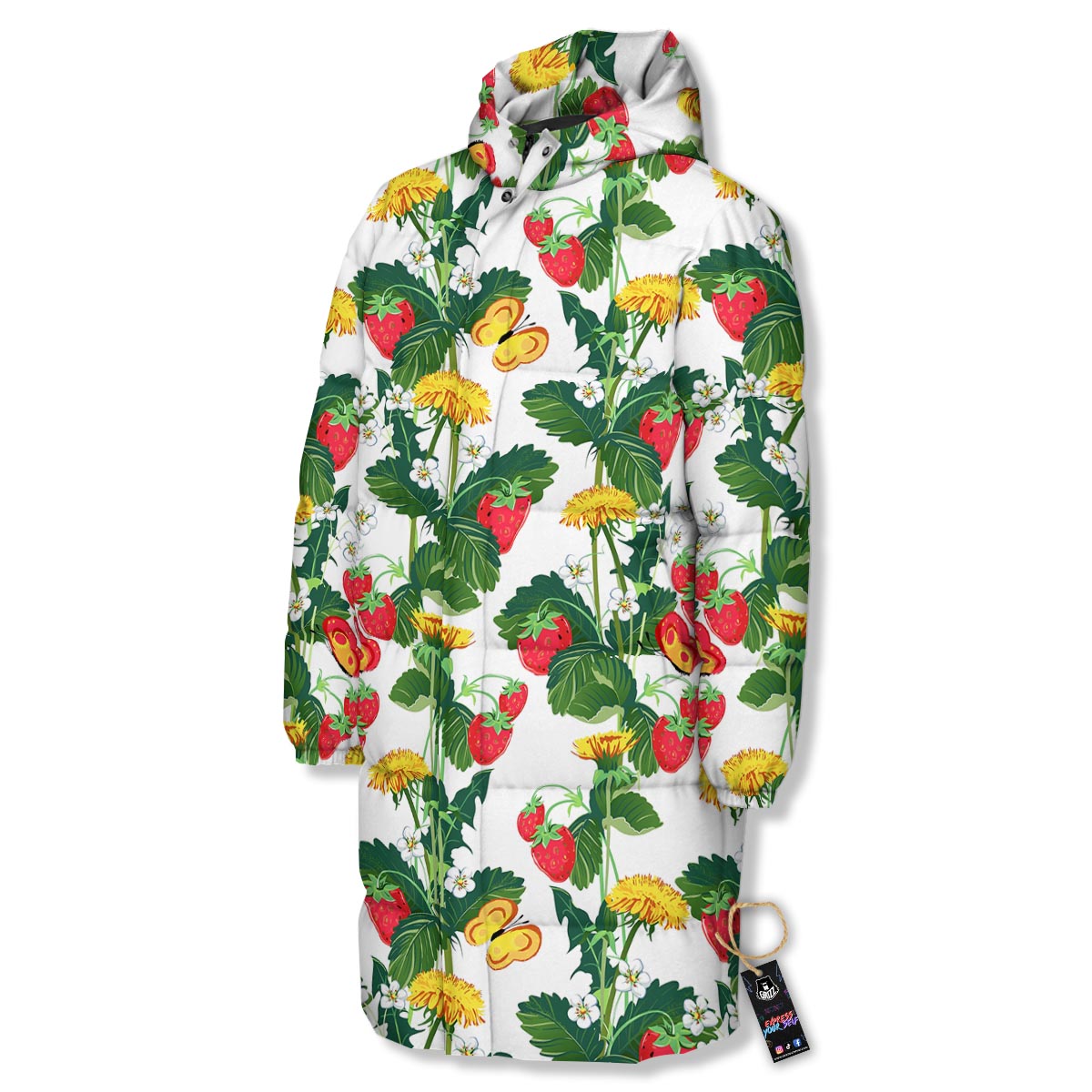 Flower And Strawberry Print Pattern Long Down Jacket-grizzshop