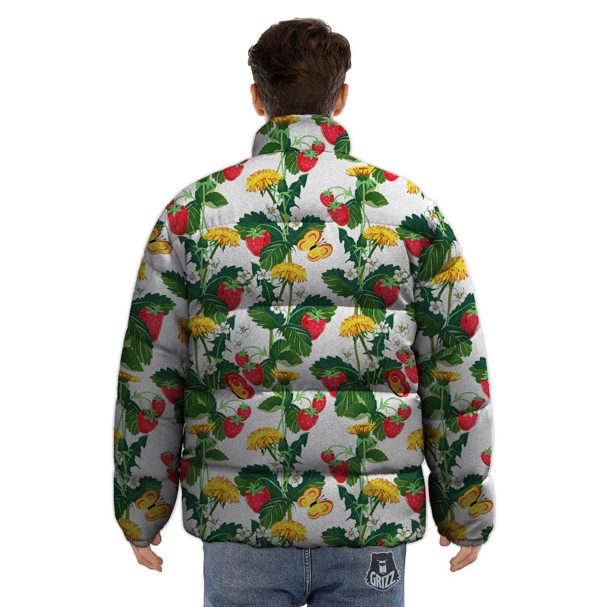 Flower And Strawberry Print Pattern Puffer Jacket-grizzshop