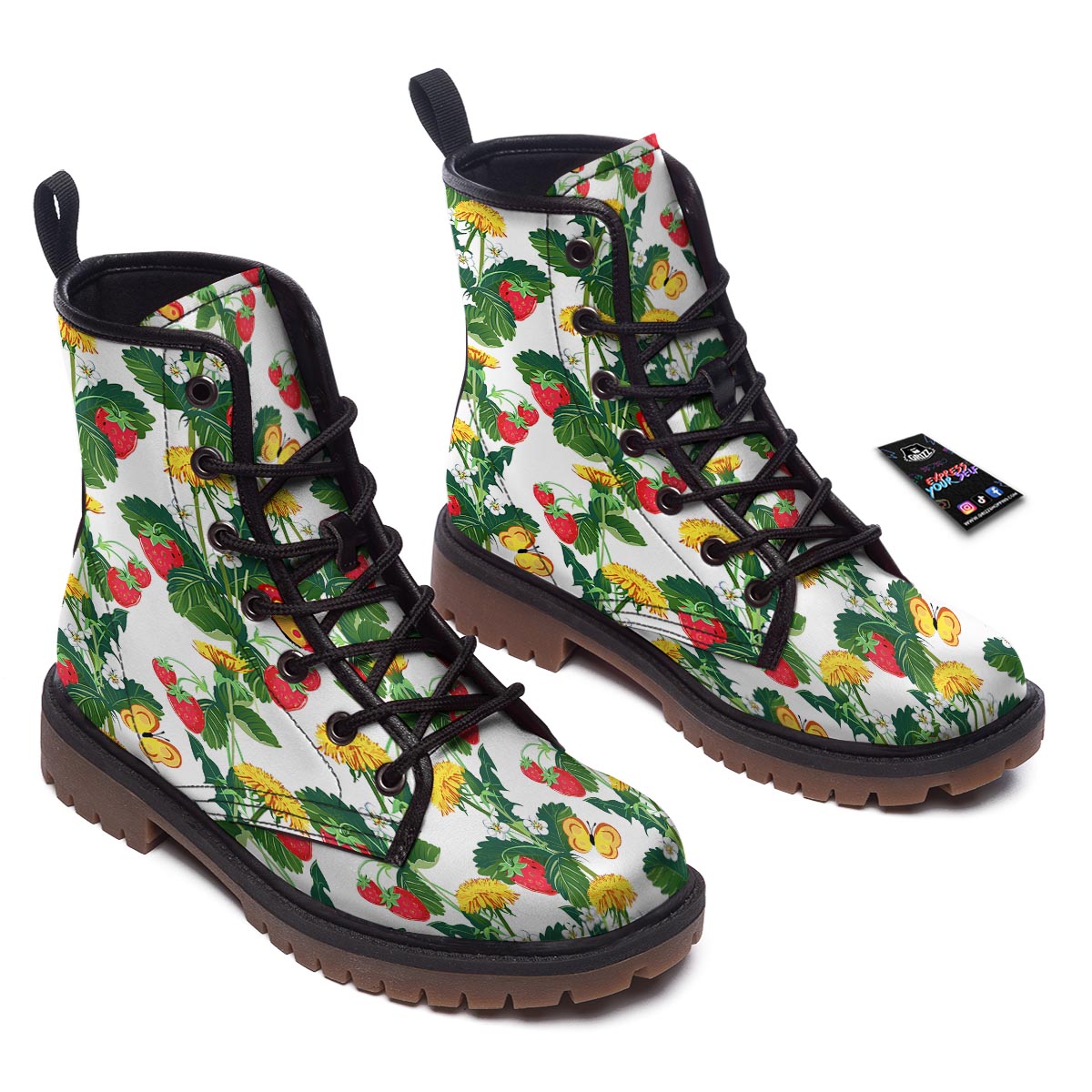 Flower And Strawberry Print Pattern Work Boots-grizzshop