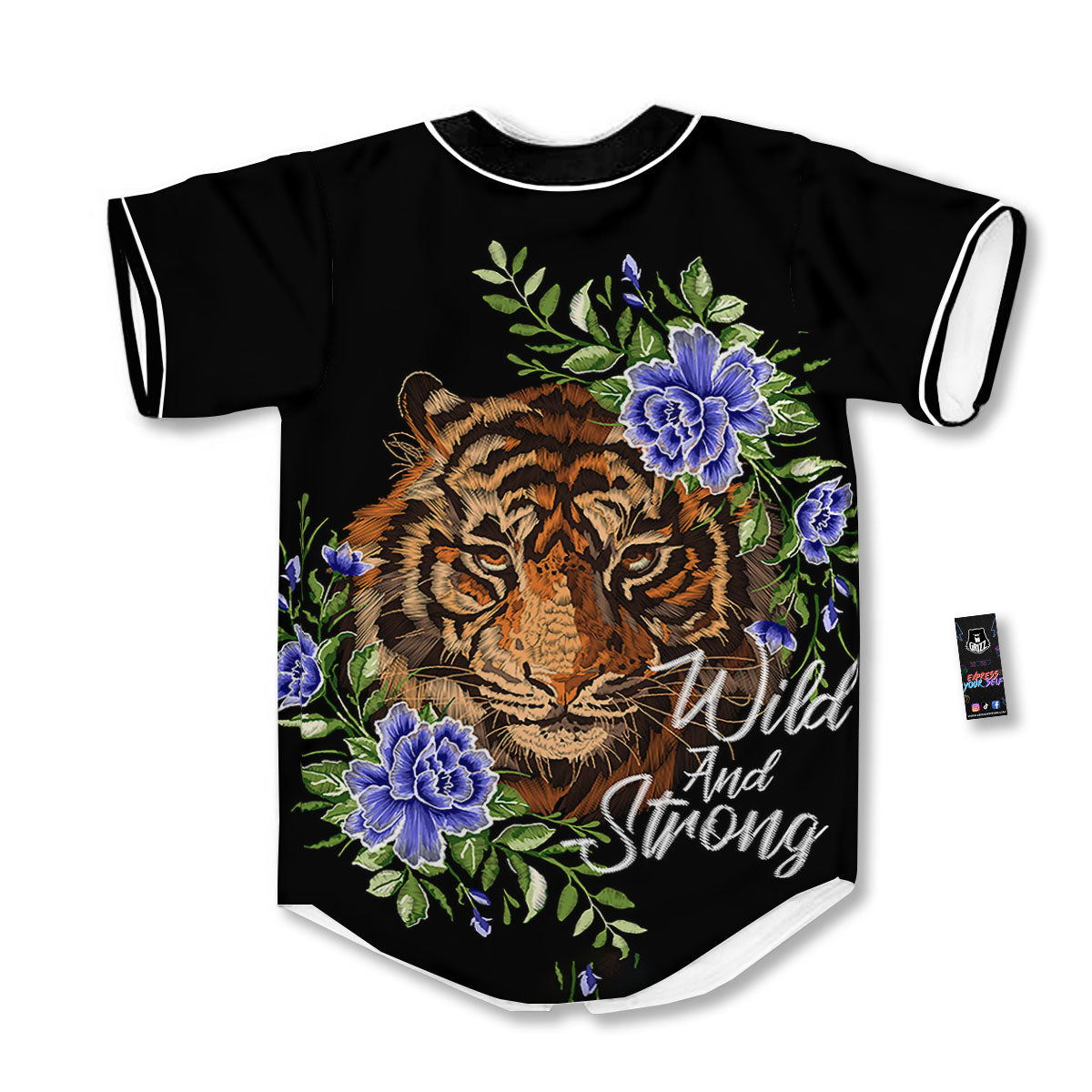 Flower And Tiger Embroidery Print Baseball Jersey-grizzshop