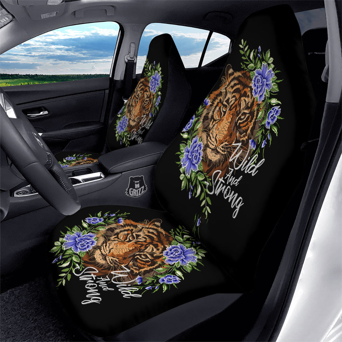Flower And Tiger Embroidery Print Car Seat Covers-grizzshop