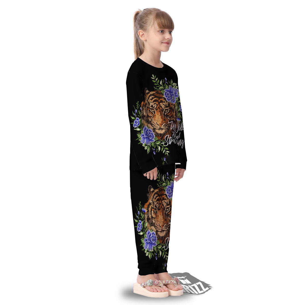 Flower And Tiger Embroidery Print Kid's Pajamas-grizzshop