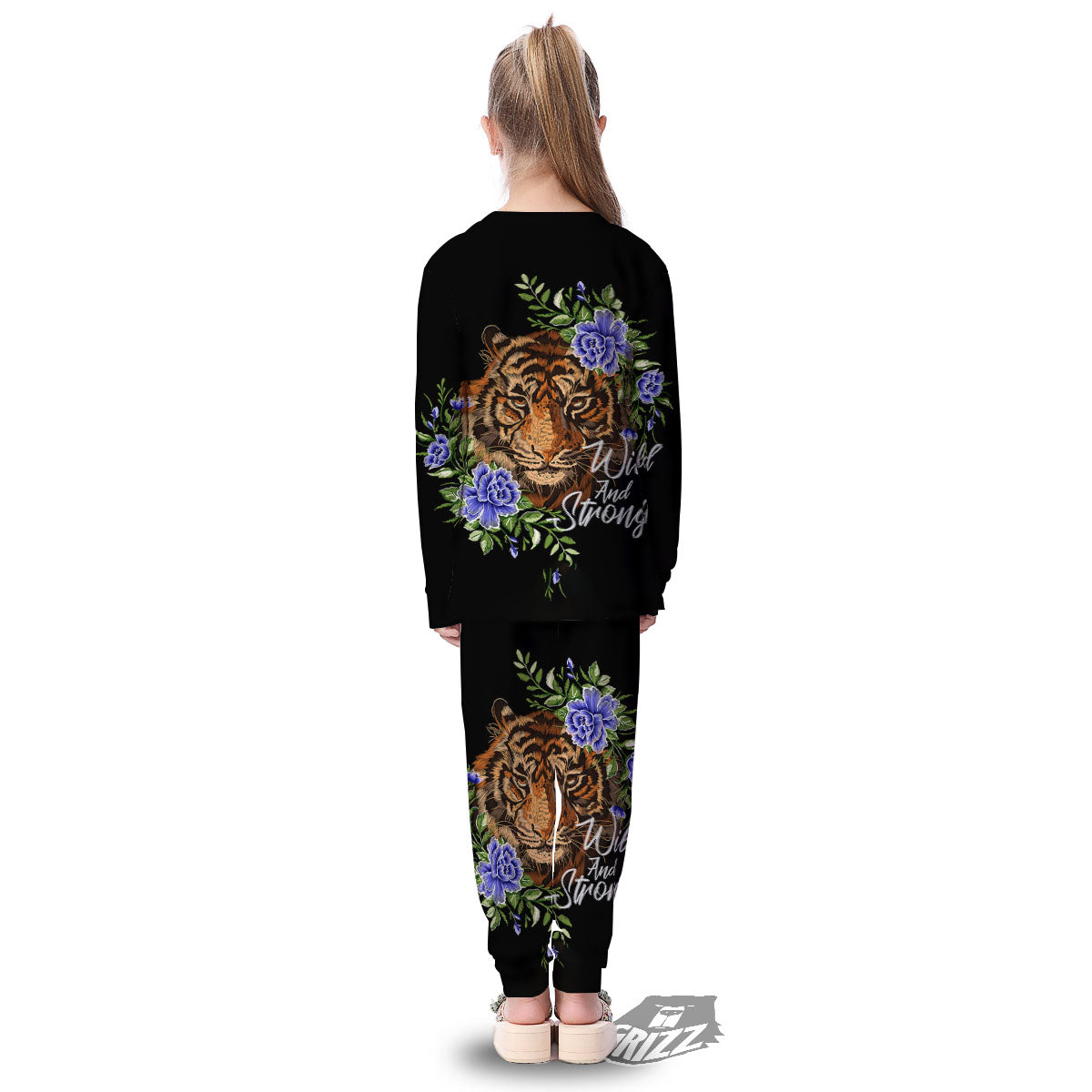 Flower And Tiger Embroidery Print Kid's Pajamas-grizzshop