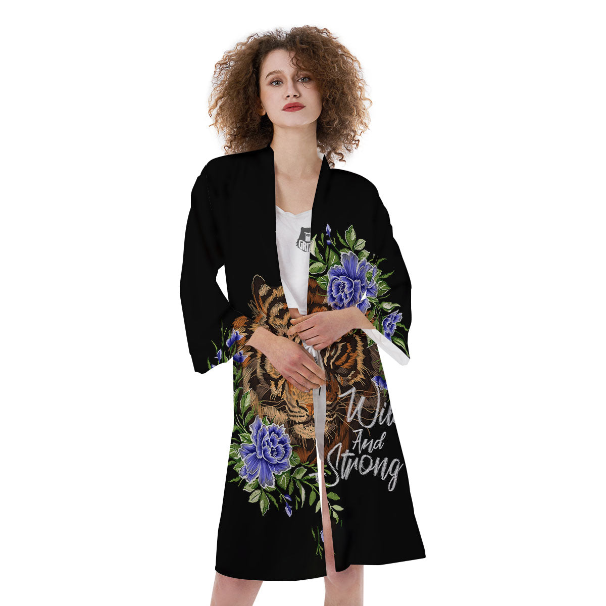 Flower And Tiger Embroidery Print Kimono-grizzshop