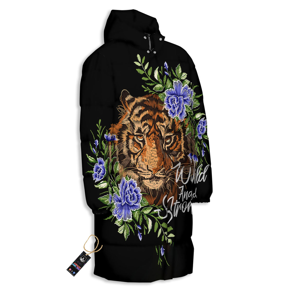 Flower And Tiger Embroidery Print Long Down Jacket-grizzshop