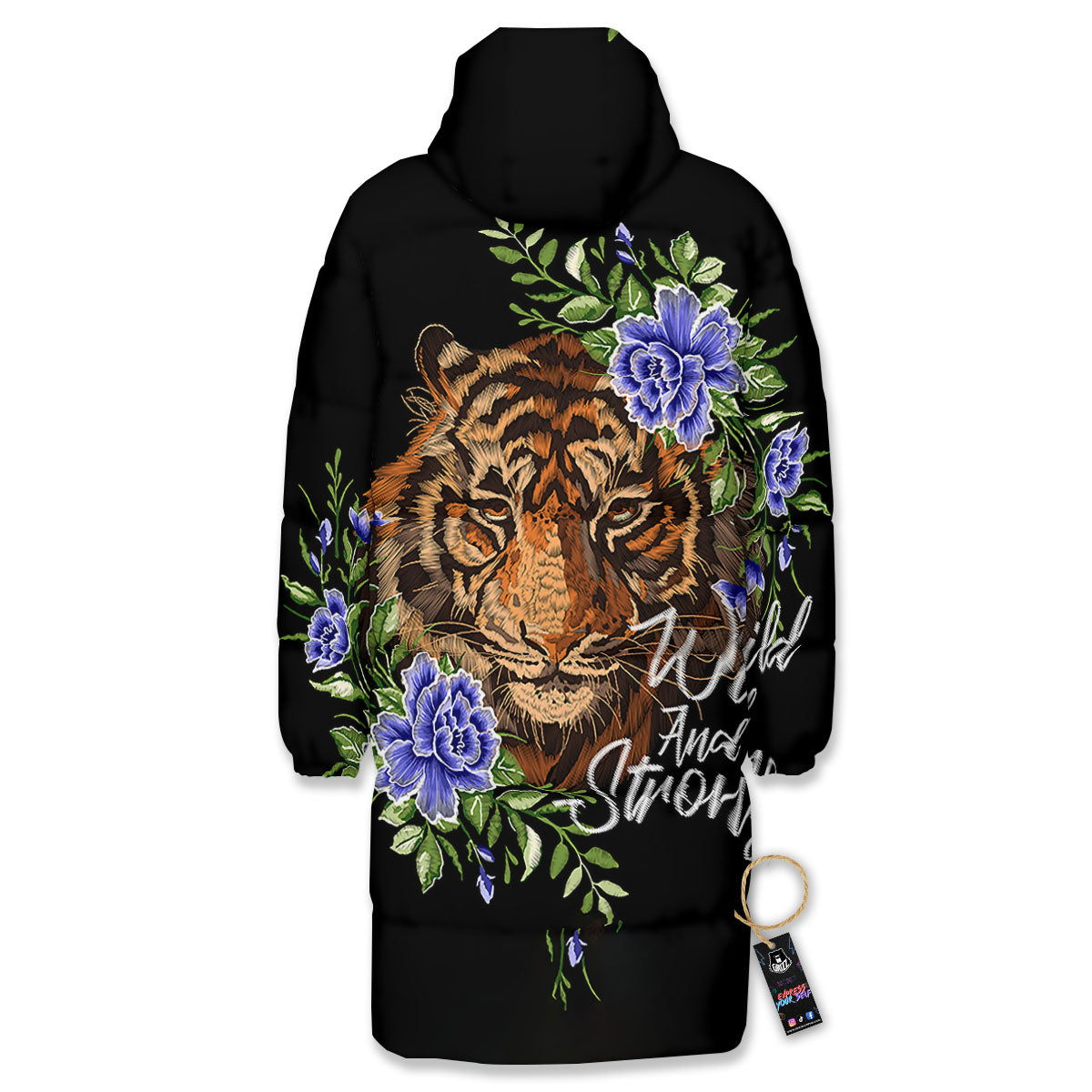 Flower And Tiger Embroidery Print Long Down Jacket-grizzshop
