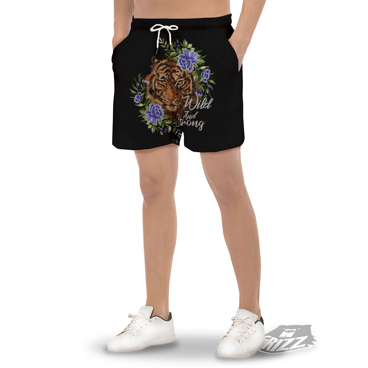 Flower And Tiger Embroidery Print Men's Gym Shorts-grizzshop