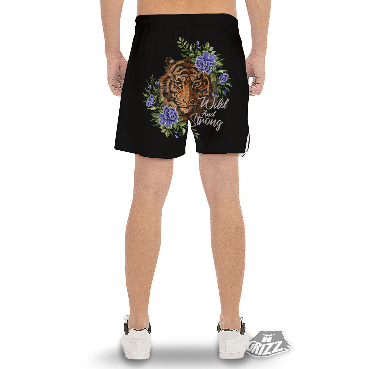 Flower And Tiger Embroidery Print Men's Gym Shorts-grizzshop