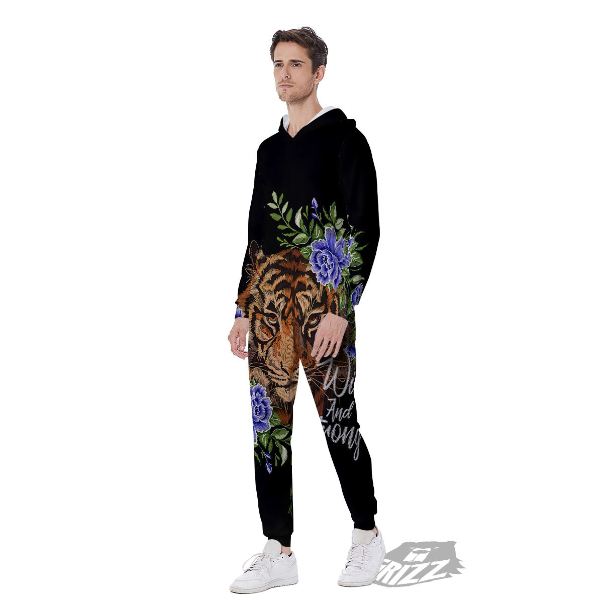 Flower And Tiger Embroidery Print Men's Jumpsuit-grizzshop