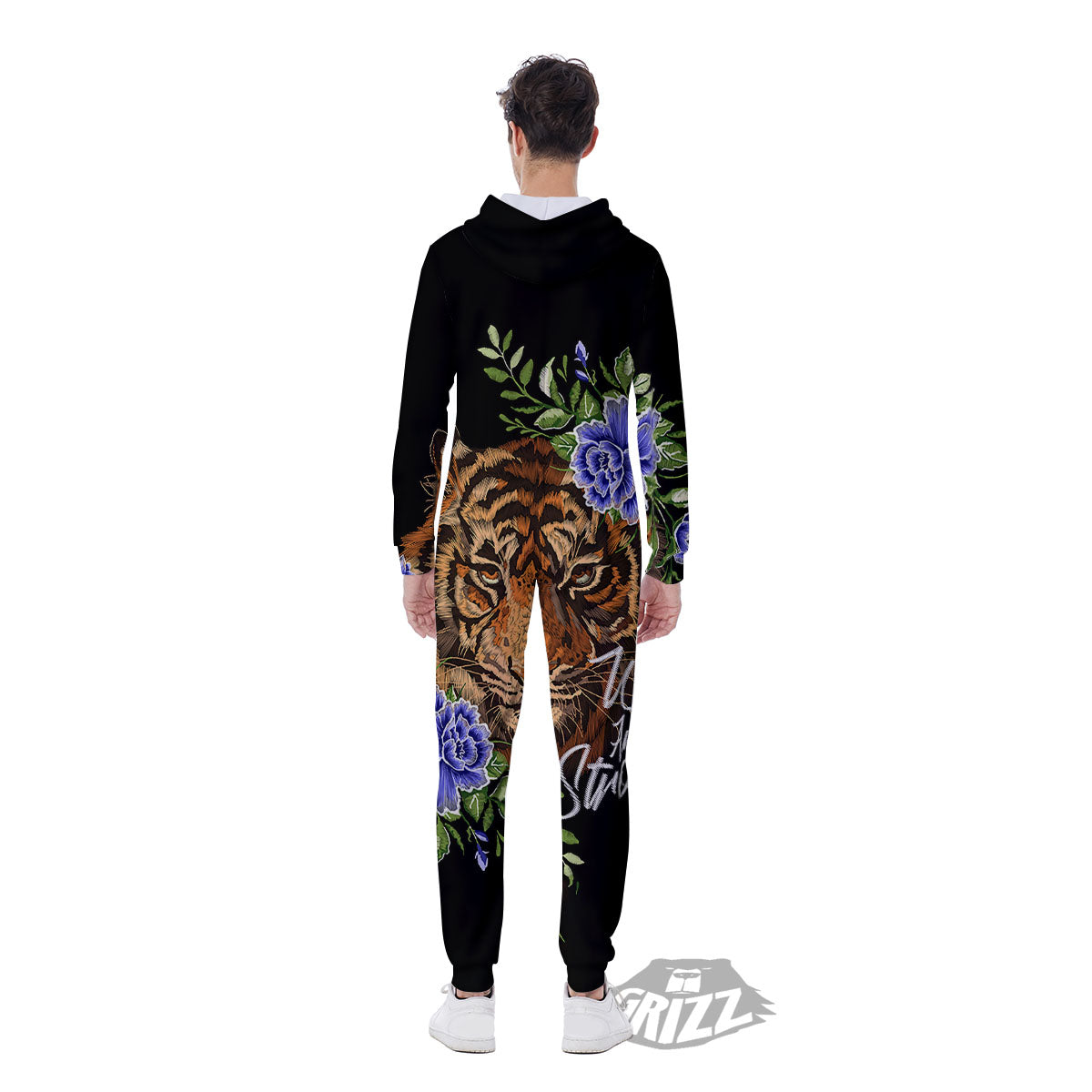 Flower And Tiger Embroidery Print Men's Jumpsuit-grizzshop