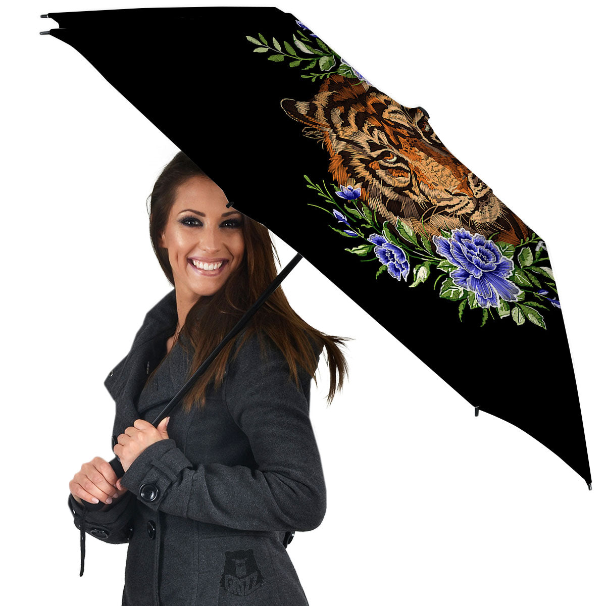 Flower And Tiger Embroidery Print Umbrella-grizzshop