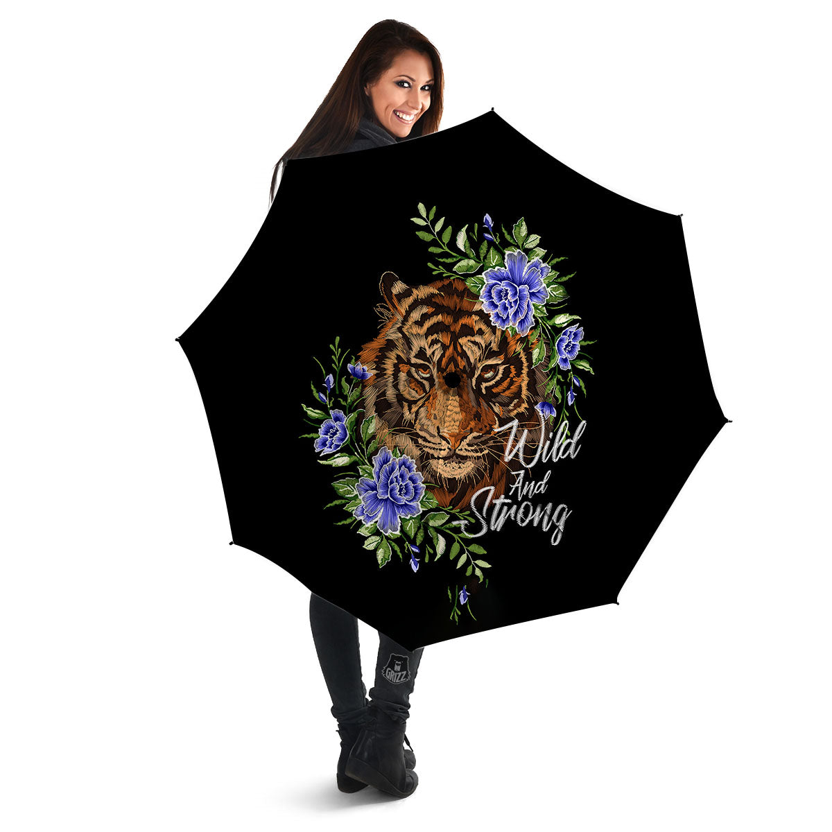 Flower And Tiger Embroidery Print Umbrella-grizzshop