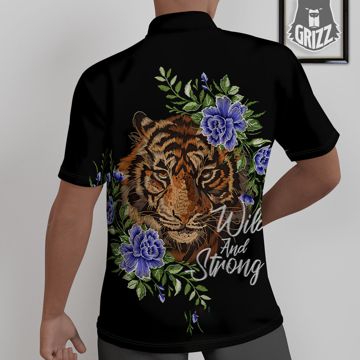 Flower And Tiger Embroidery Print Untucked Shirts-grizzshop