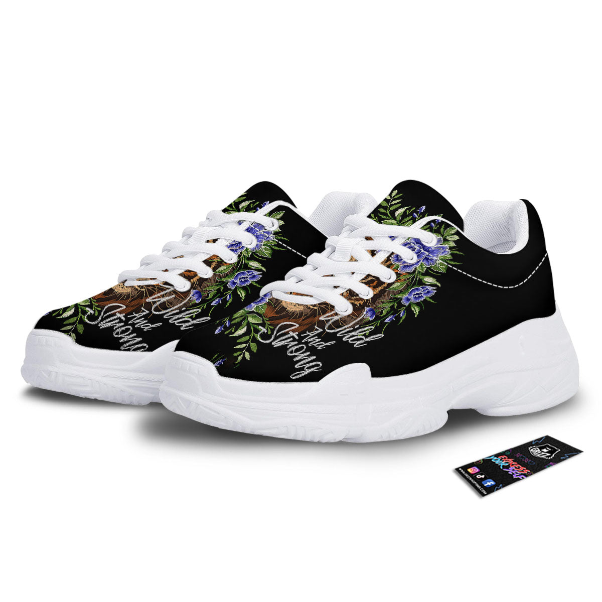 Flower And Tiger Embroidery Print White Chunky Shoes-grizzshop