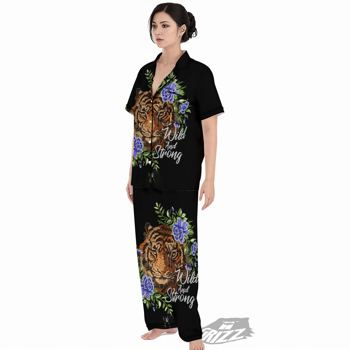 Flower And Tiger Embroidery Print Women's Pajamas Set-grizzshop