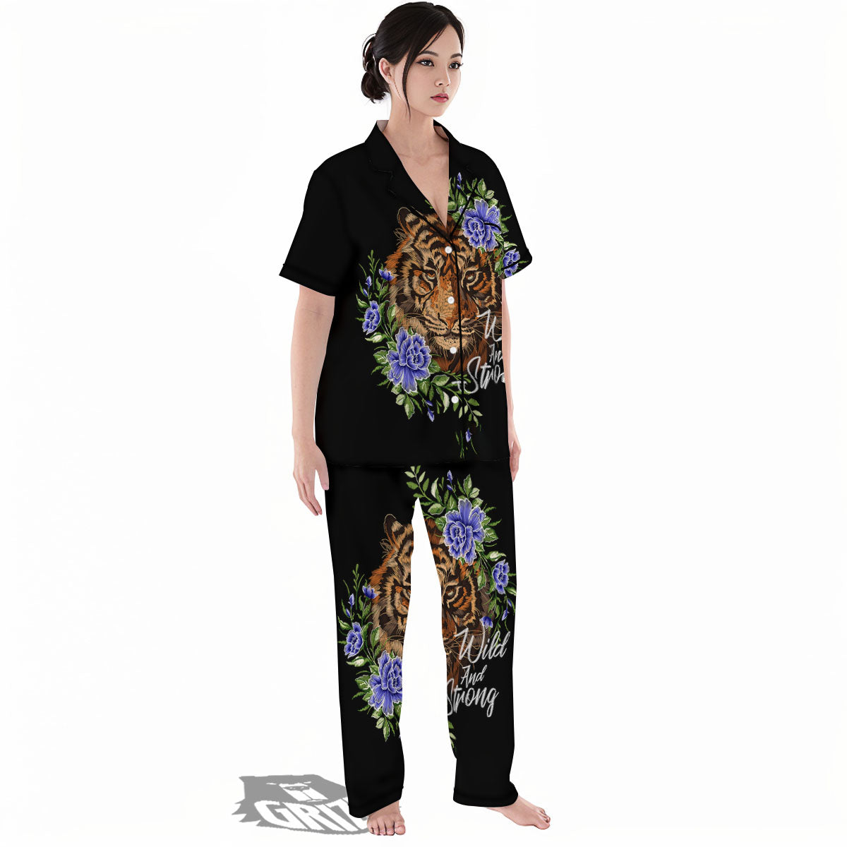 Flower And Tiger Embroidery Print Women's Pajamas Set-grizzshop