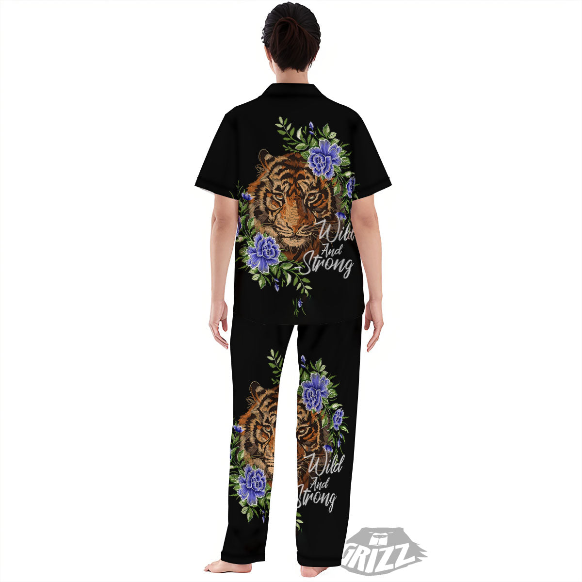 Flower And Tiger Embroidery Print Women's Pajamas Set-grizzshop