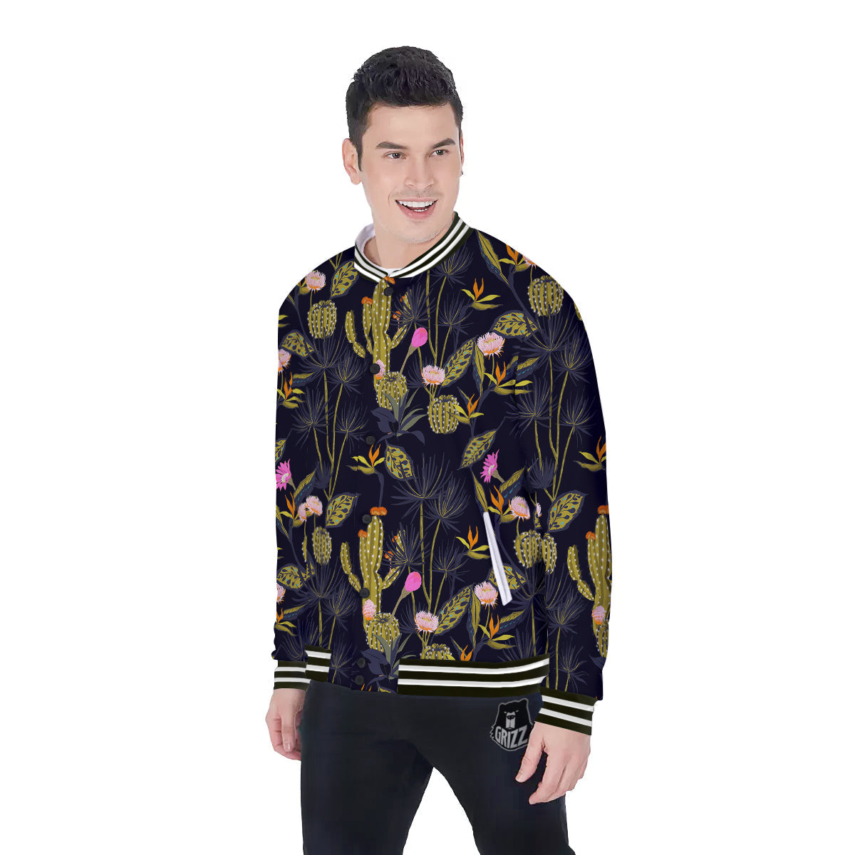 Flower And Vintage Cactus Print Pattern Baseball Jacket-grizzshop