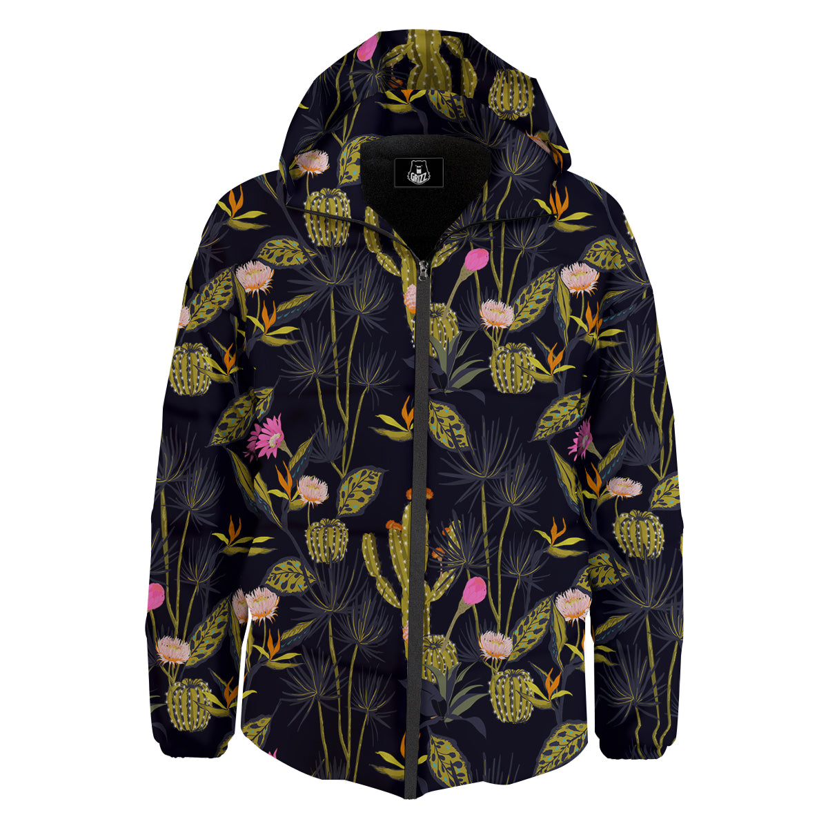 Flower And Vintage Cactus Print Pattern Down Jacket-grizzshop