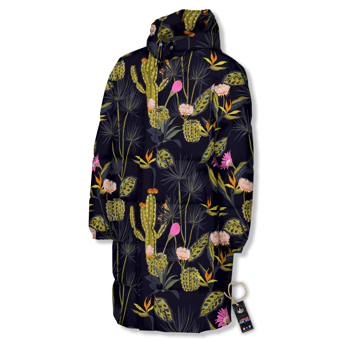 Flower And Vintage Cactus Print Pattern Long Down Jacket-grizzshop