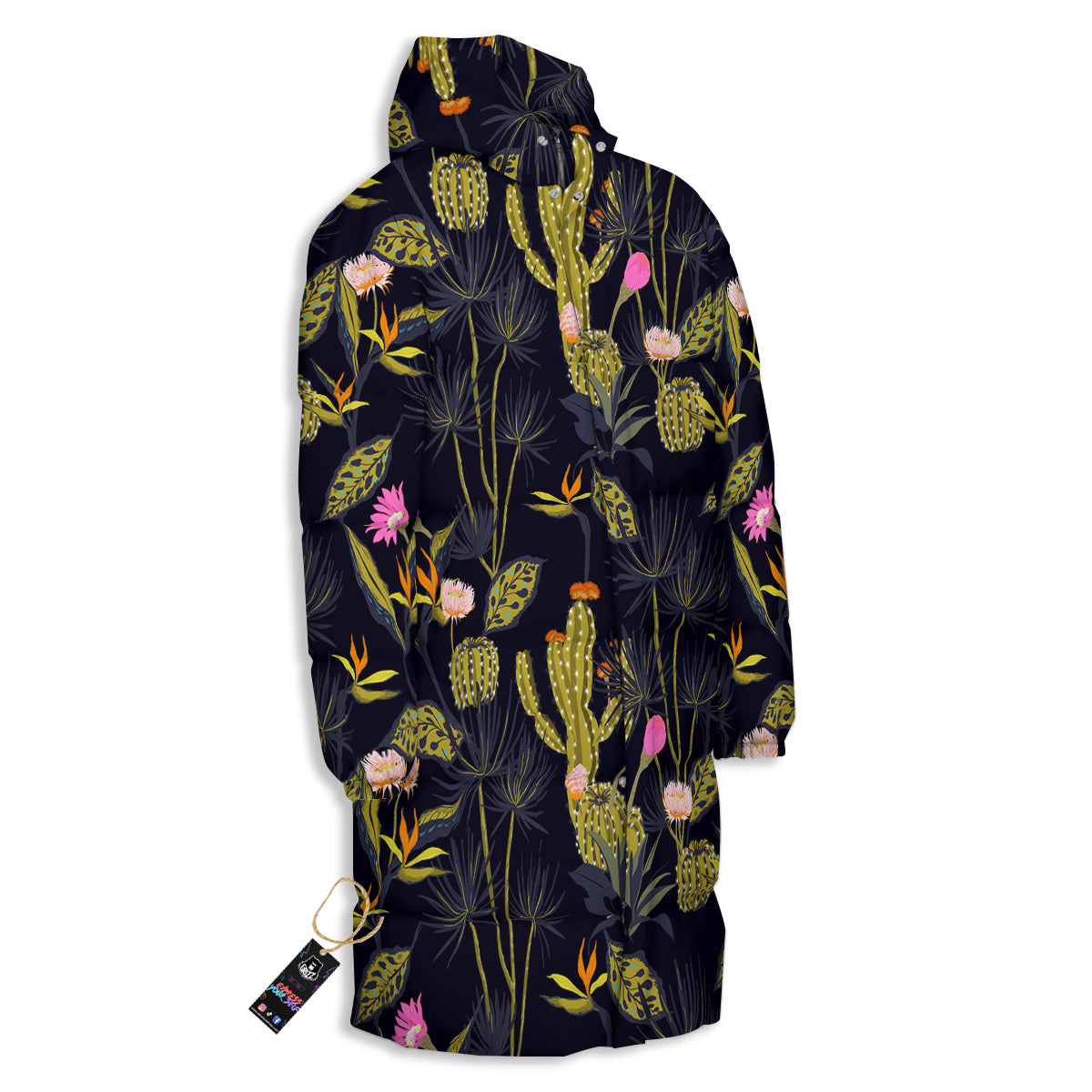 Flower And Vintage Cactus Print Pattern Long Down Jacket-grizzshop