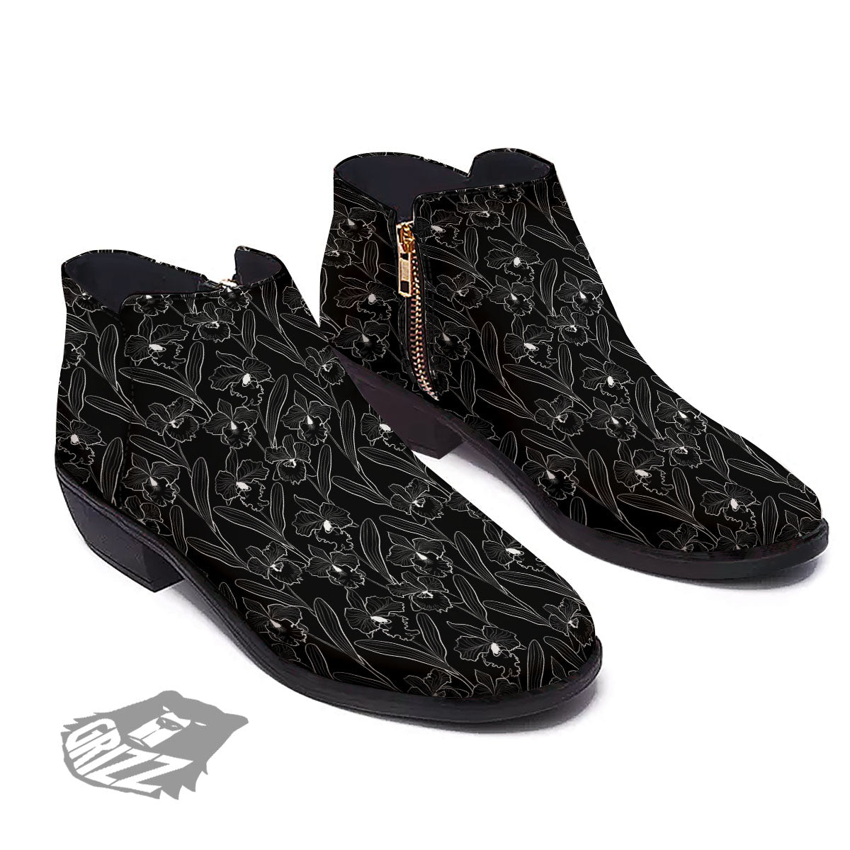 Flower Black Cattleya Print Pattern Ankle Boots-grizzshop
