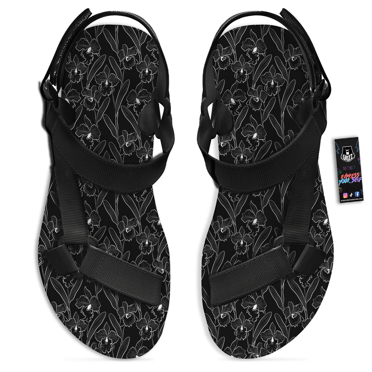 Flower Black Cattleya Print Pattern Black Open Toe Sandals-grizzshop