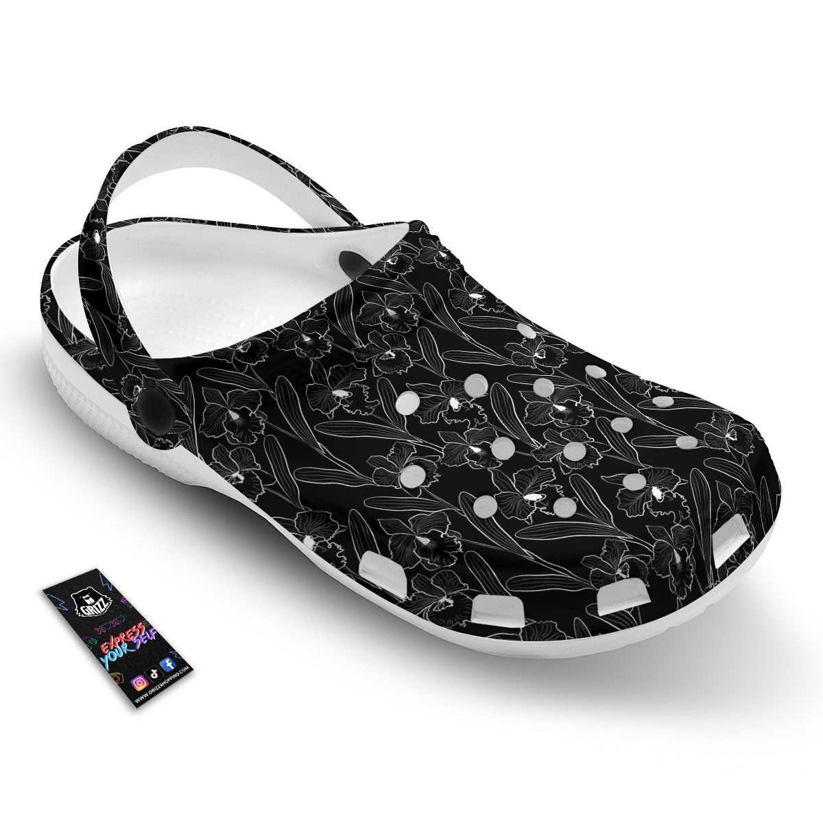 Flower Black Cattleya Print Pattern Clog-grizzshop