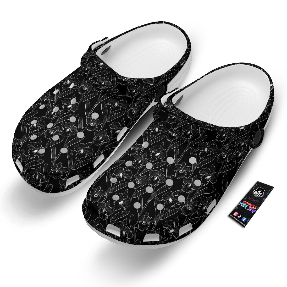 Flower Black Cattleya Print Pattern Clog-grizzshop