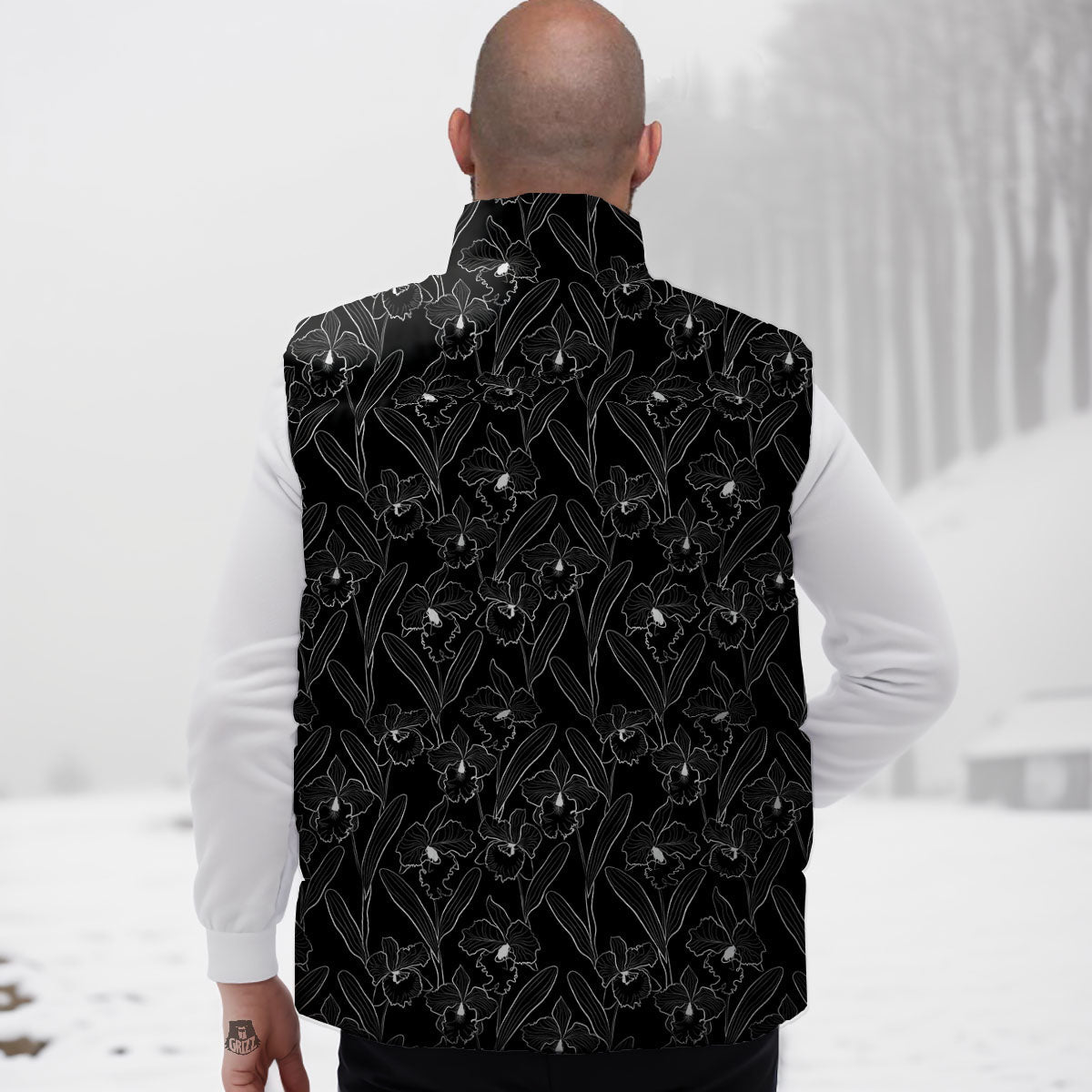 Flower Black Cattleya Print Pattern Down Vest